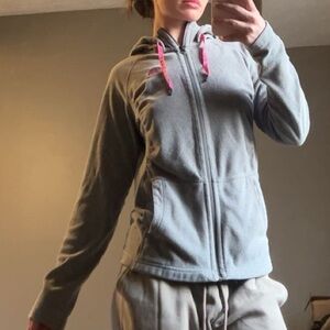 grey and pink north face jacket